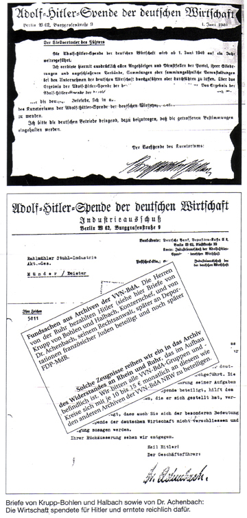 Briefe von Krupp-Bohlen und Halbach sowie von Dr. Achenbach: Die Wirtschaft spendete fr Hitler und erntete reichlich dafr.