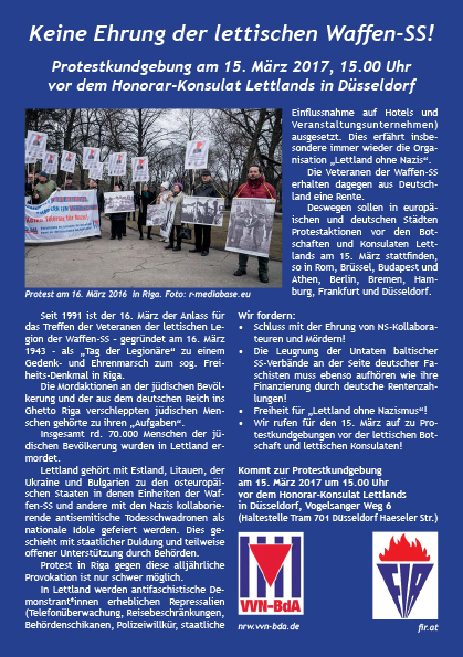 Keine Ehrung der lettischen Waffen-SS! Protestkundgebung am 15. März 2017, 15.00 Uhr vor dem Honorar-Konsulat Lettlands in Düsseldorf