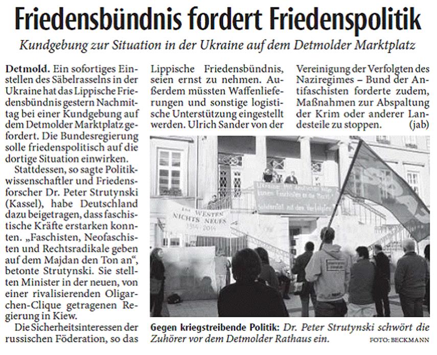 aus Lippische Landeszeitung vom 15.3.14  - Kommentar von Ulrich Sander: Ich habe keine Maßnahmen verlangt, sondern vom Völkerrecht gesprochen, das allseits nicht eingehalten wird.